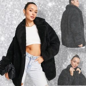 Topshop NWOT Black Borg Teddy Coat | Cozy Faux Shearling Midi Jacket Size 4-6